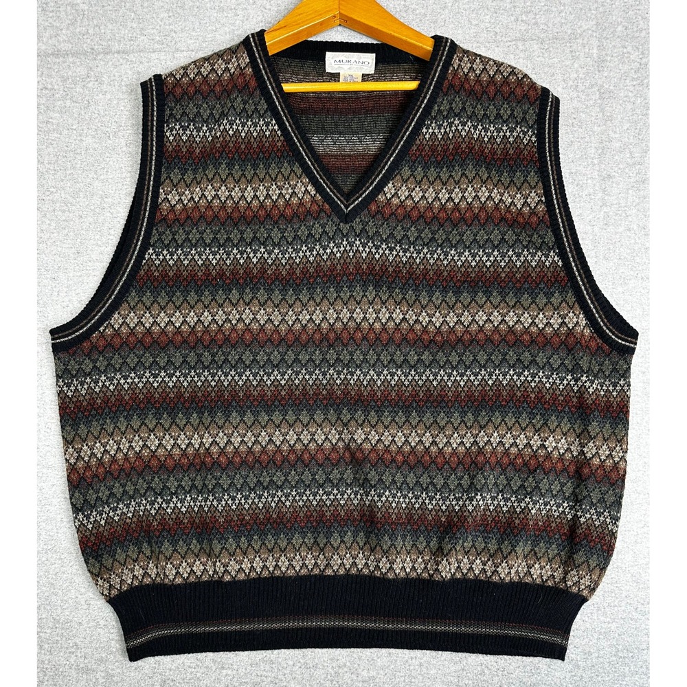 Vintage Murano Sweater Vest Mens XXL Multicolor V-Neck Fair Isle Wool Blend